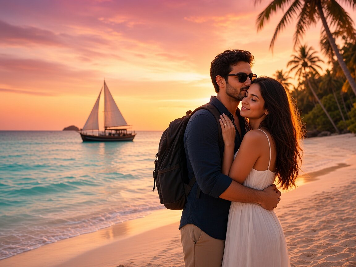Casal abraçado na praia ao pôr do sol, com veleiro ao fundo